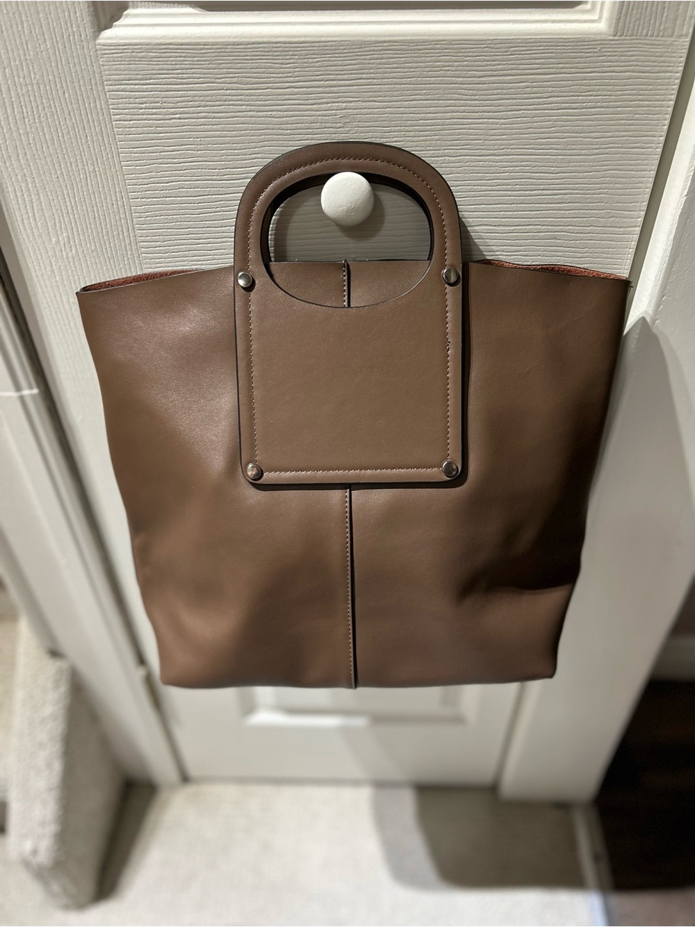 Danier Minimalist Leather Top Handle & Crossbody Tote Bag - Taupe/Brown